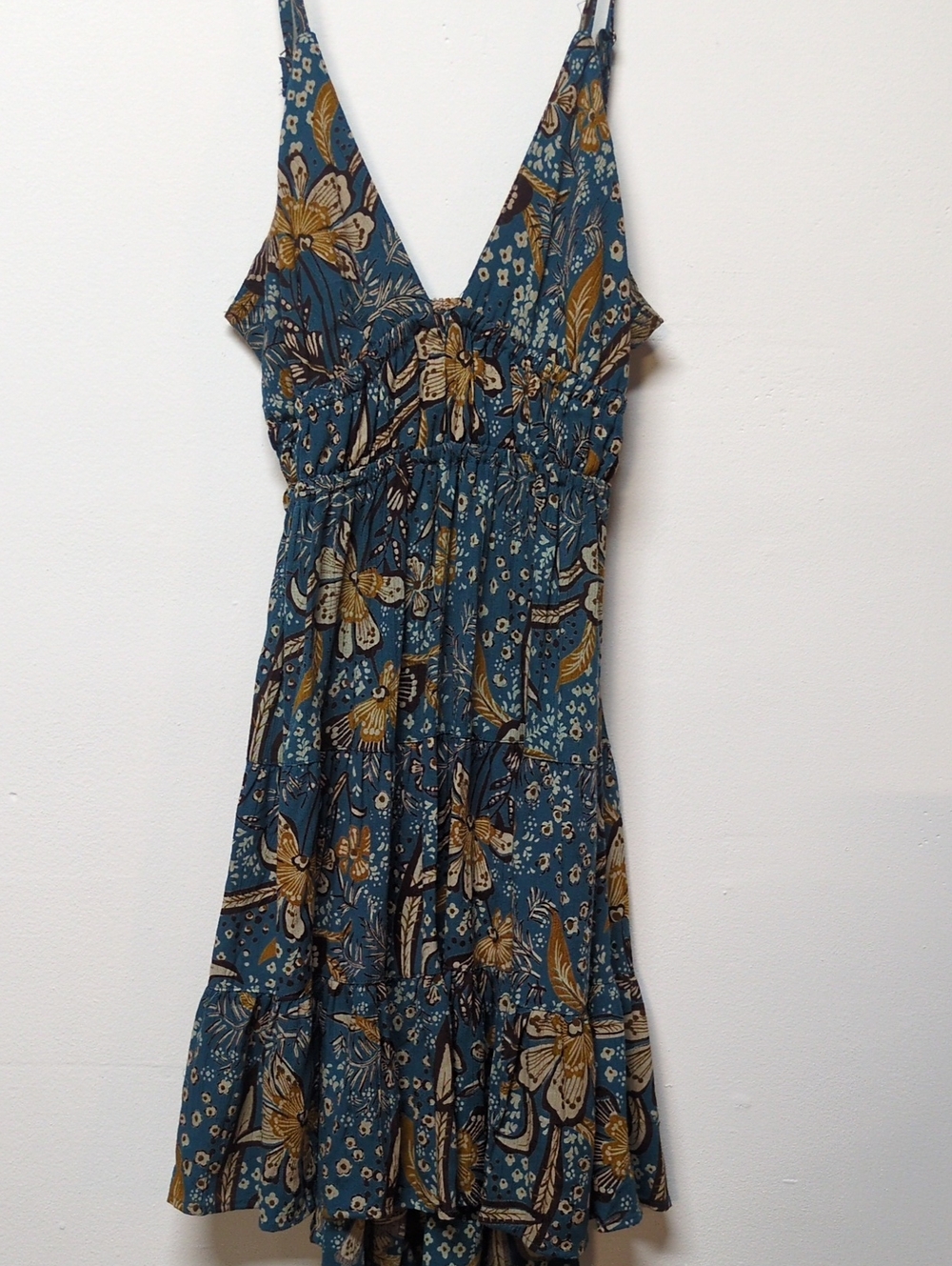 Angie Boho Floral Tie Back Cutout Tiered Mini Dress Teal Yellow, Size L - Picture 3 of 11